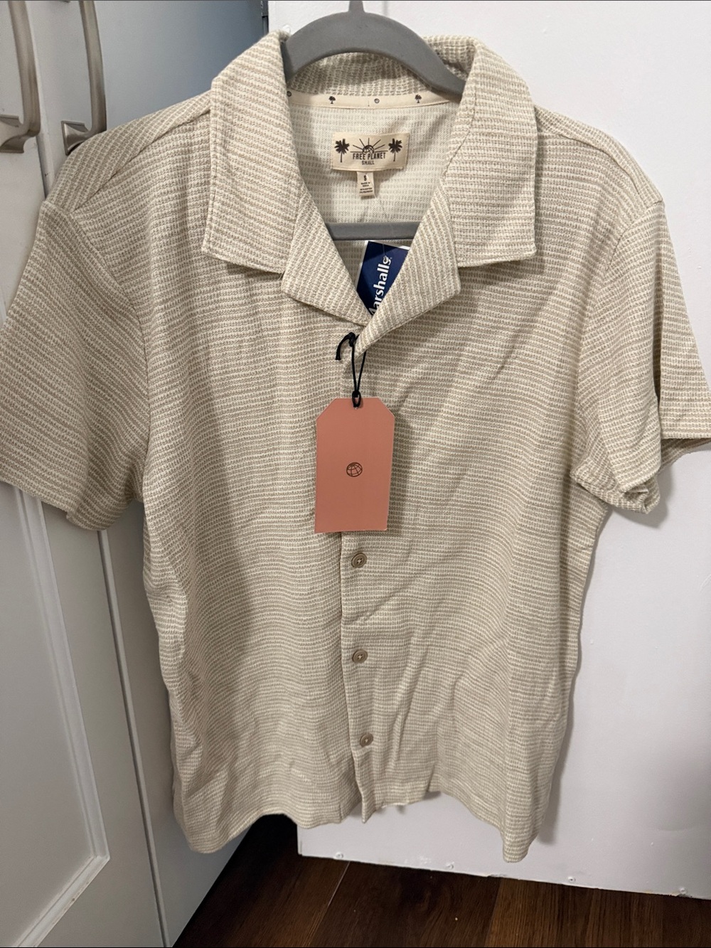 Free Planet Short Sleeve Button-Down Shirt in Light Beige Stripe